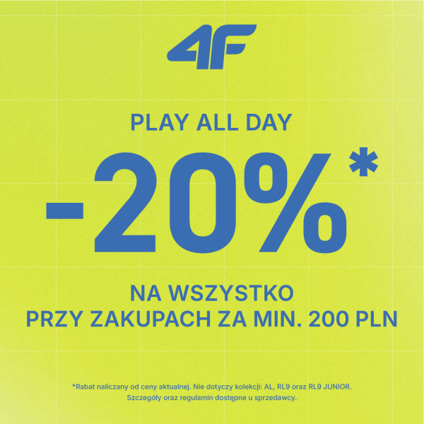 Grafika promująca markę 4F na neonowo-zielonym tle z delikatną siatką. Na środku znajduje się duży napis „-20%” oraz hasło „Play All Day”. Poniżej widnieje informacja o rabacie na cały asortyment przy zakupach za minimum 200 zł. U góry umieszczono logo 4F, a na dole drobny tekst z warunkami promocji i wyłączeniami wybranych kolekcji.