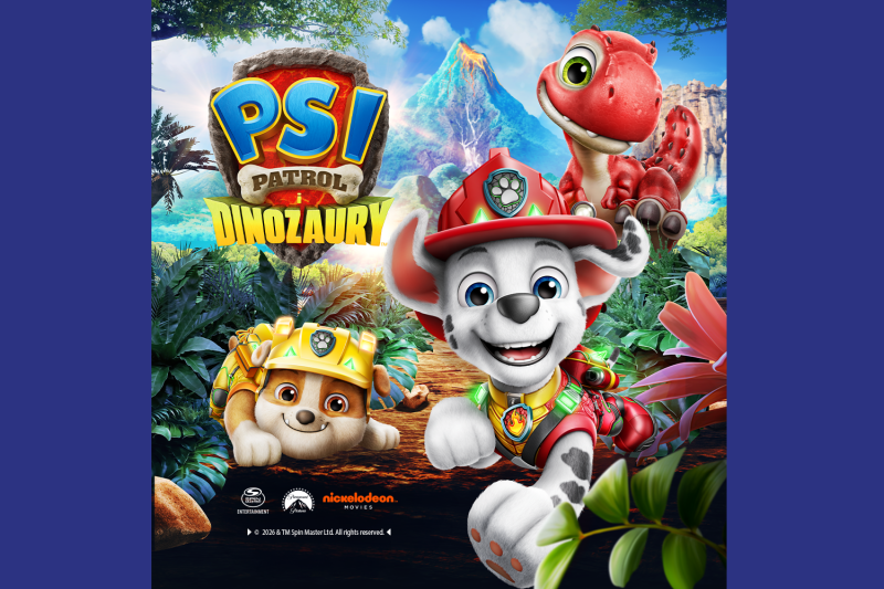 Grafika promująca event Psi Patrol. Bohaterowie Psiego Patrolu na tle dżungli z dinozaurami.