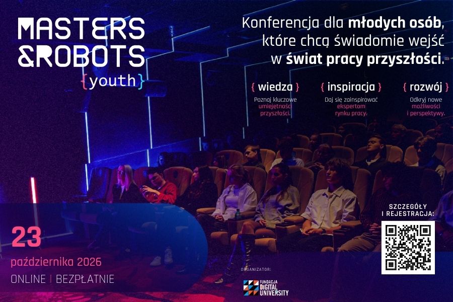 Grafika dla wydarzenia MASTERS&ROBOTS. Młodzież siedząca na widowni, słuchająca wykładów.
